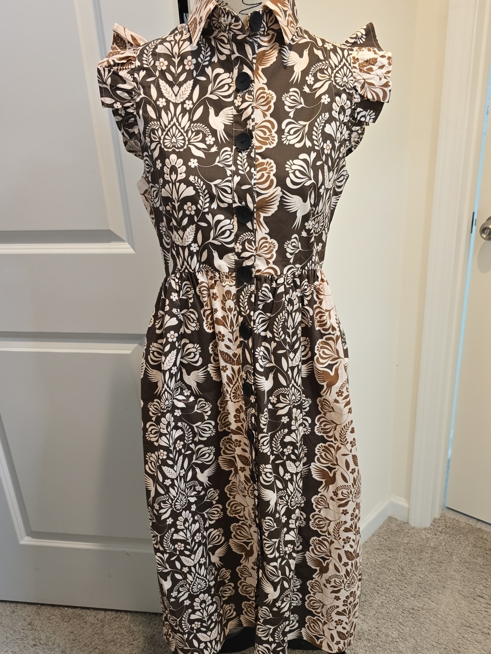 The Lulo Poject- Floral/Paisely Button-Front Midi Dress in Brown and Cream